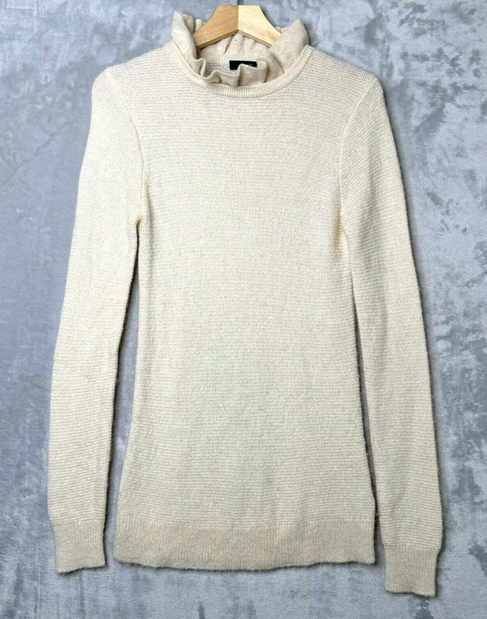 J. Crew Sweater Womens Small Ivory Ruffle Neck Knit Alpaca Style AT815 Tunic
